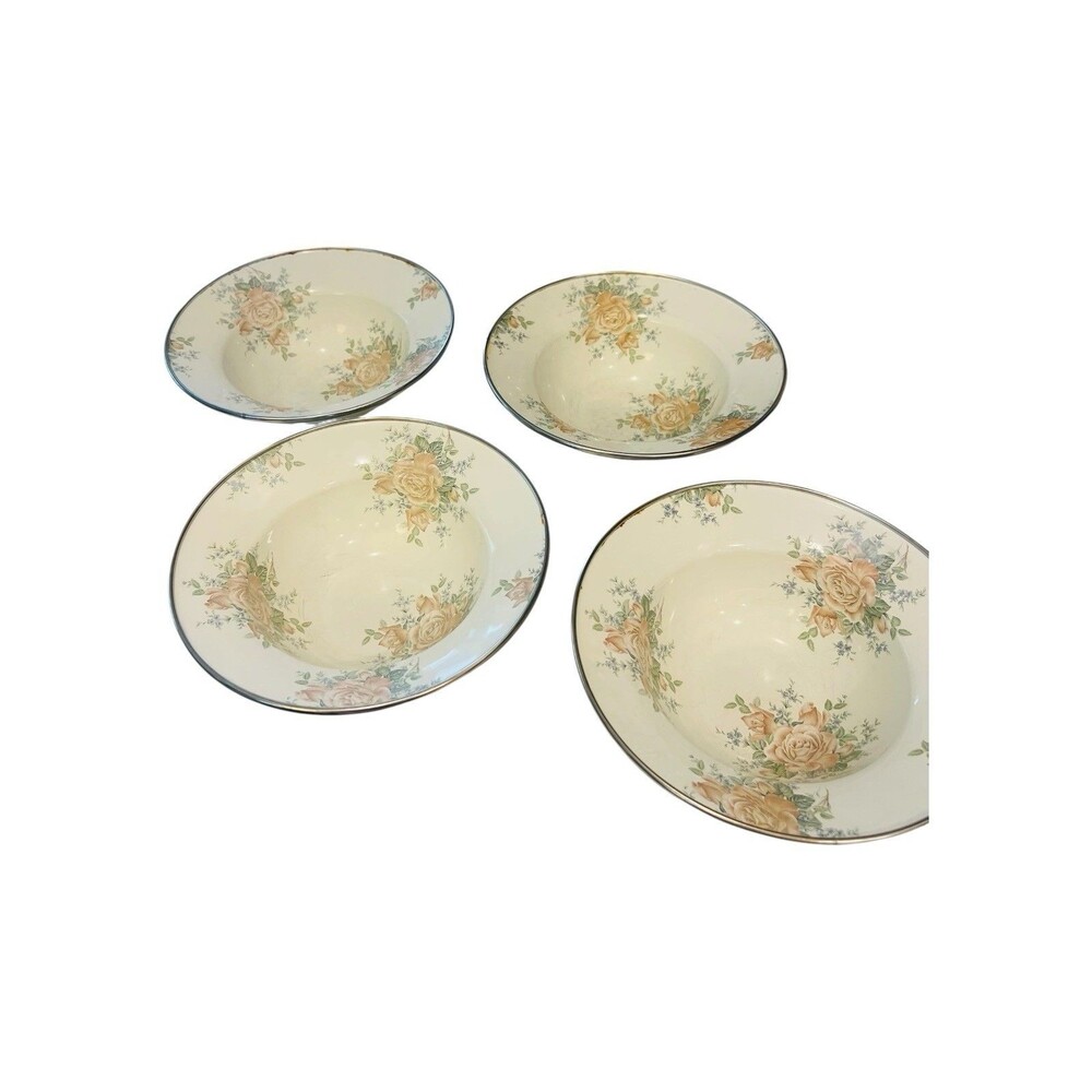 Mackenzie Childs V&R Enamelware Enamel Floral Rose 7.5” Bowl Set Of 4